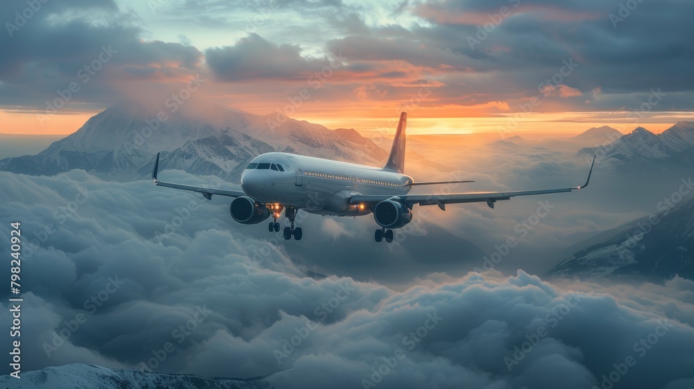 Airplane Flying Above Clouds at Sunset Airplane Flying Above Clouds at Sunset