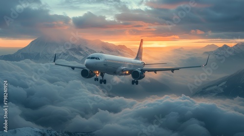 Airplane Flying Above Clouds at Sunset