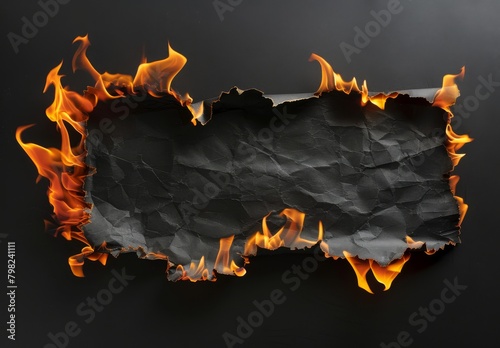 Burning paper against black backdrop, with charred edges