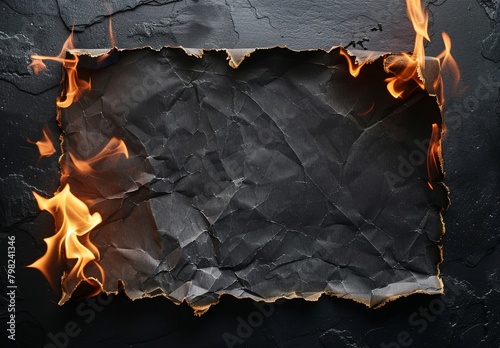 Burning paper against black backdrop, with charred edges