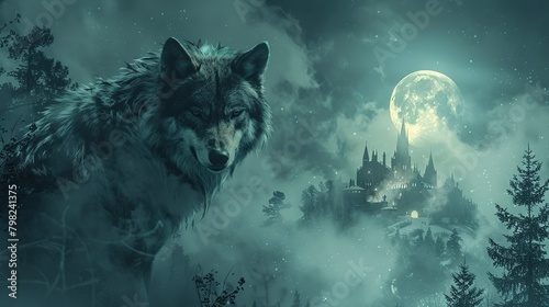 A terrifying wolf under the full moonlight that illuminates a dark and eerie mysterious misty forest with a gothic palace or castle under the moon.