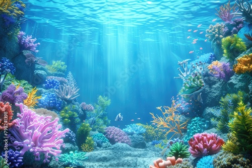 Serene underwater world teeming with life unfolds in a mesmerizing 3D vector background, where colorful corals and graceful marine creatures abound.