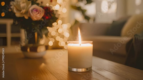 white candle burning on the table and a pink rose bouquet in the vase.