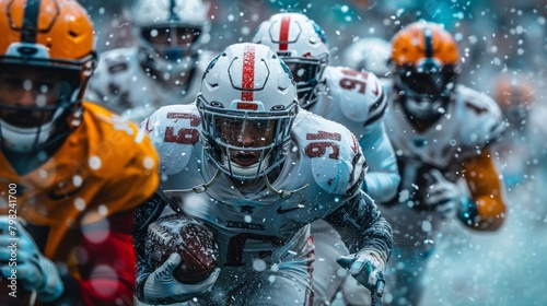 Football Players Running Through the Snow. Generative AI