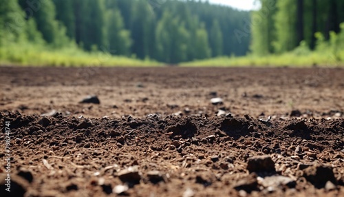 Forest soil against a forest background. Image of deep black chernozem soil in a field.