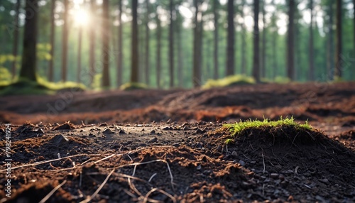 Forest soil against a forest background. Image of deep black chernozem soil in a field. photo