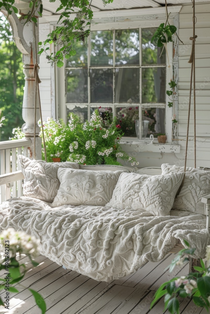 Fototapeta premium A porch swing with a white blanket on it in front of some flowers, AI