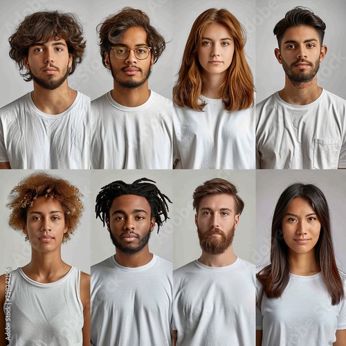 White t-shirt people. Collage of many men and women wearing blank tshirt with copy space for your text or logo 