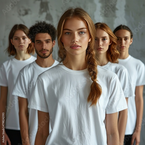 White t-shirt people. Collage of many men and women wearing blank tshirt with copy space for your text or logo 