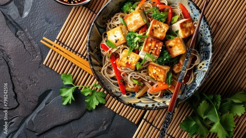 shirataki noodle dish with Asian vegetables and tofu, set on a traditional Japanese tatami mat photo