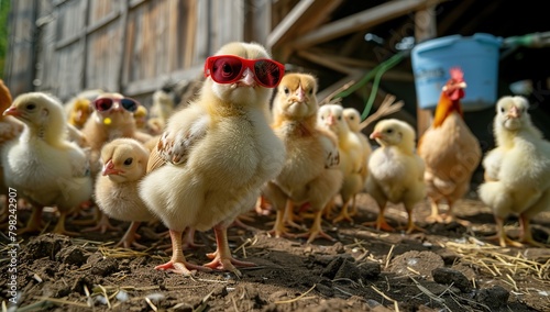 a group of chicks with their mother in a grassy courtyard. One of them looks cool wearing glasses.