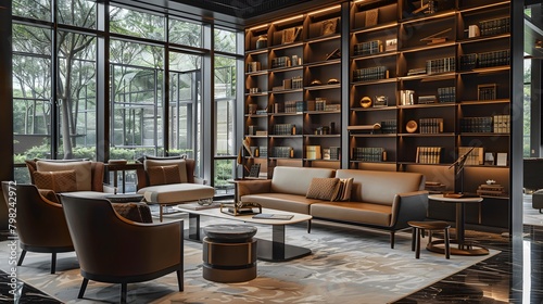 A sophisticated library room with floor-to-ceiling windows, adorned with a sleek bookshelf housing a collection of literary masterpieces and objet d'art, complemented by plush seating. photo
