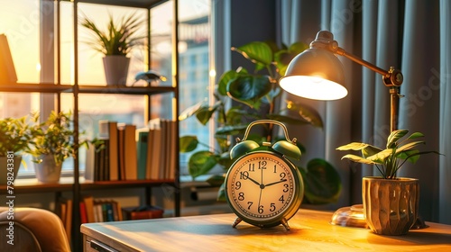alarm clock on table in front lamp, window and bookshelf with books at sunset. photo