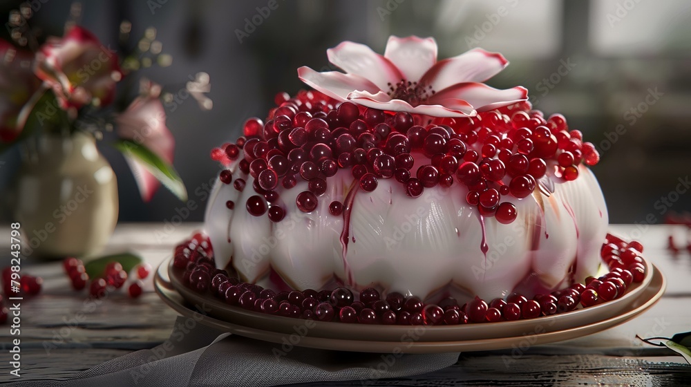 Delicious cake with red currants on wooden table, closeup