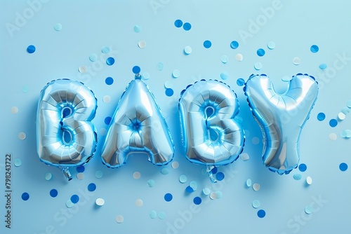 pastel blue foil balloons shaped text "BABY" on a pastel blue background with pastel blue confetti