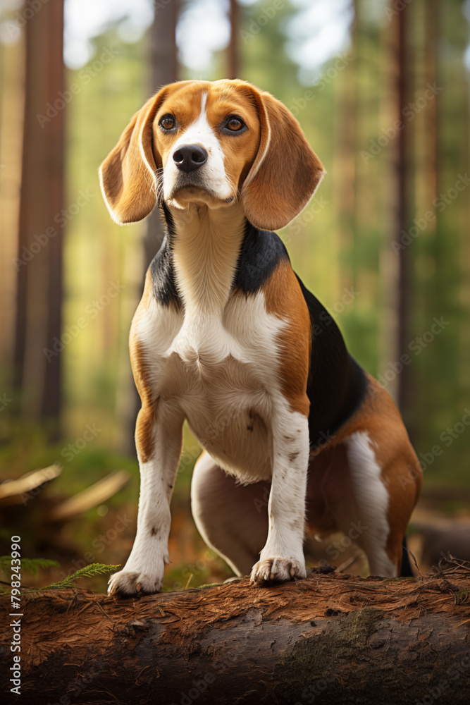 Beagle dog portrait. Cute dog sitting in woods