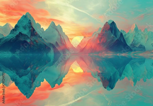 3D render: fantasy landscape, mountains reflected in water. Abstract background, spiritual zen wallpaper with skyline