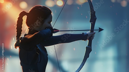 portrait of an archer pulling the bow and arrow while aiming at the target during a competition
