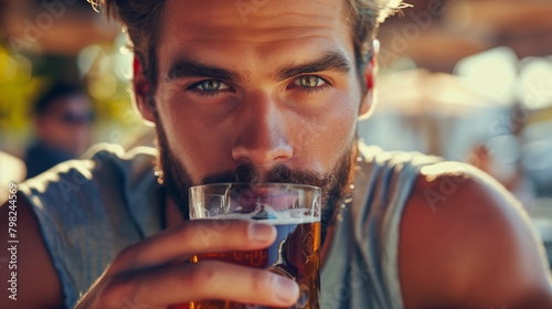 Close up portrait of handsome man drinking beer, sunny day, looking into camera, focus on eyes