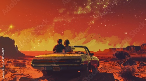A man and woman are seated inside a car in the desert photo