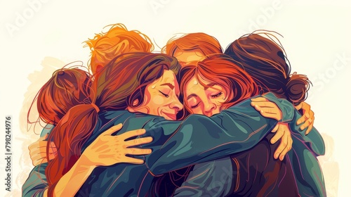 A group of friends hugging tightly with smiles on their faces in a heartwarming display of affection and connection