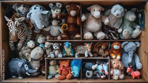 A top-down shot of a toy box overflowing with adorable animal-themed toys, sure to capture the imagination of any young explorer.