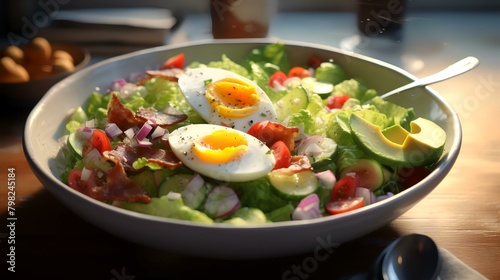 Salad with bacon, eggs, and vegetables on a wooden table.