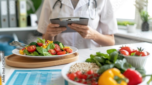 nutritionist's office with buckwheat dishes featured in a dietary plan, including nutritional charts and fitness goals on display