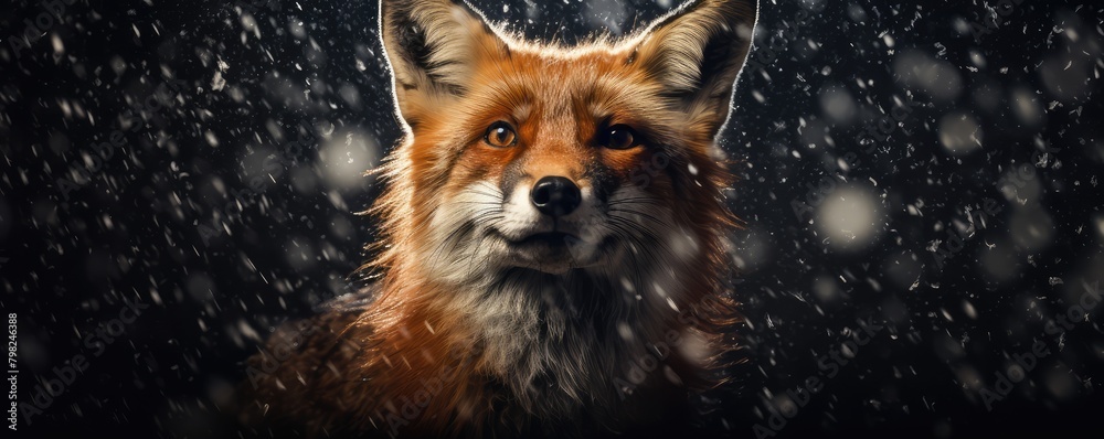 Obraz premium Portrait of a fox in rain against dark background