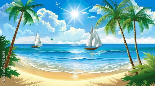 A cartoon of a tropical beach with palm trees and sailboats, AI