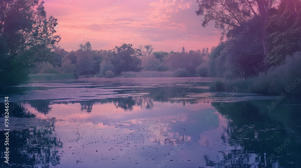 A tranquil pond reflecting the gentle hues of a pastel sunset.