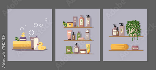 Set of baby cosmetics and baby bathing supplies. Shelves with cosmetics for skin and hair care. Hygiene products for newborns. Bottles and jars for baby care. Stock vector illustration.