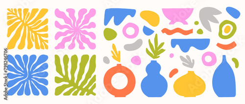 Vector colorful hand drawn Matisse aestethic forms.Hand drawn organic abstract nature shapes and vases.Trendy graphic perfect for prints,flyers,banners,fabriс,branding design,covers.