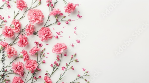 Gorgeous pink carnation flowers arranged in a flat lay style grace the right side of the banner against a pristine white backdrop leaving ample space on the left for your personalized messa photo