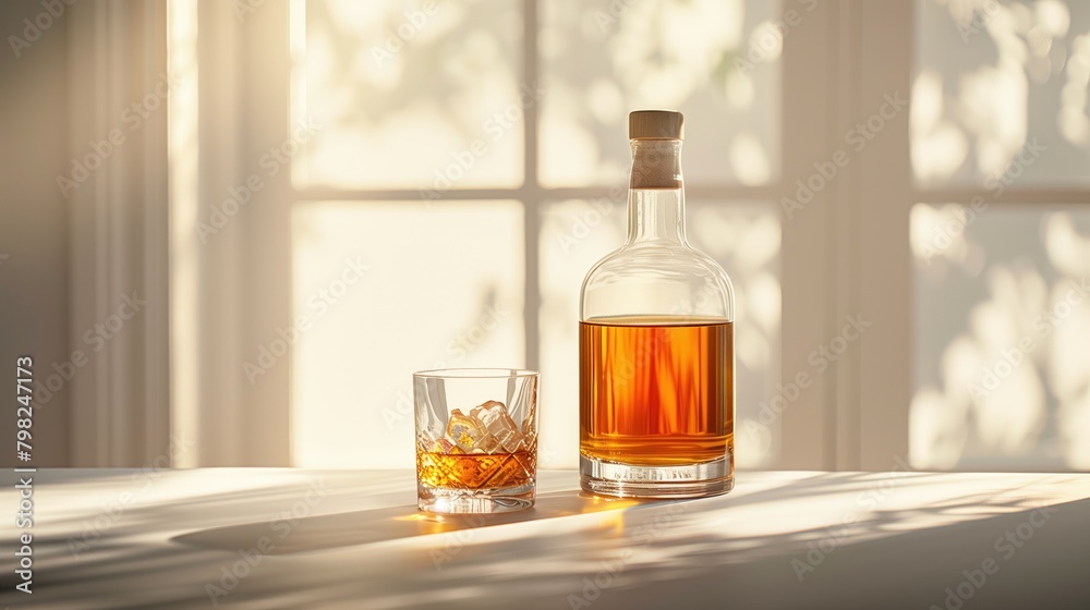 Bottle and glass of whiskey on the table with copy space