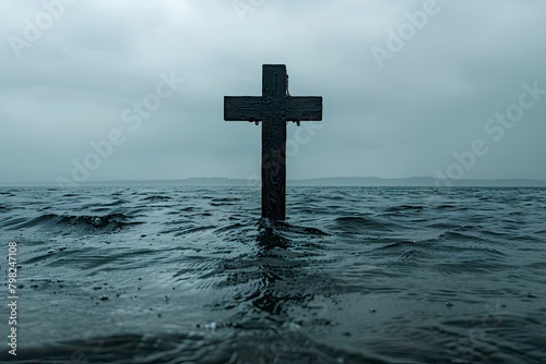 A cross in the middle of the ocean with a cloudy sky in the background and water around it