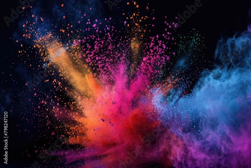 Vibrant color powder bursts against a deep black backdrop, illuminating the darkness with explosive hues. photo
