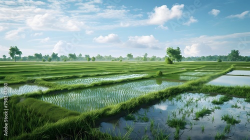 A vast rice paddy landscape, with AI-driven irrigation systems precisely distributing water to each field based on real-time weather data and crop water requirements.