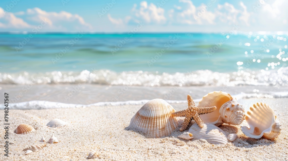 Seashells on Seashore: Coastal Beauty. blurred background. Seashells on Seashore: Coastal Beauty. blurred background.