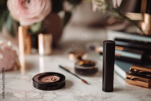 photo of elegant composition featuring a close-up of mascara alongside other essential beauty products, set against a neutral backdrop, exuding sophistication and glamour,