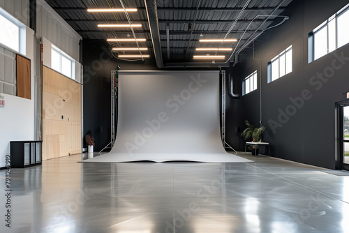 immersive photograph showcasing the interior of a contemporary photography studio, with a striking and vibrant backdrop setting the stage for artistic expression. The prominent lar photo