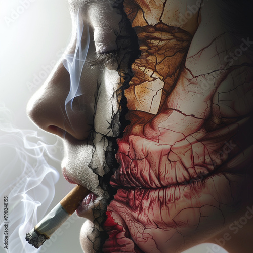 Human face illustration with smoke and burnt texture