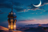 mesmerizing shot capturing the grandeur of a large lantern set against the backdrop of a tranquil desert landscape. The crescent moon shines brightly in the night sky, casting a ge
