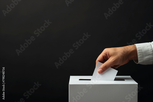 hand placing a piece of paper into a suggestion box, casting a paper vote, blank white box, black background with copyspace