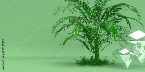 Luxurious shiny diamonds and realistic palm leaves on elegant minimalist product placement green background, copy space. 3D rendering illustration design. Summer concept. Creative empty award stage.