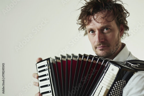 powerful photo capturing the emotion and intensity of a male accordionist's performance, his direct gaze adding depth to the composition, with a clean white background providing co photo