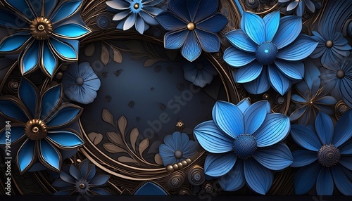 background made of airy neon flowers on a dark blue background with space for text. template for postcard  banner or invitation. 