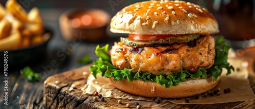 Grilled Chicken Burger on Sesame Seed Bun with Fresh Vegetables on Rustic Table, Copy Space