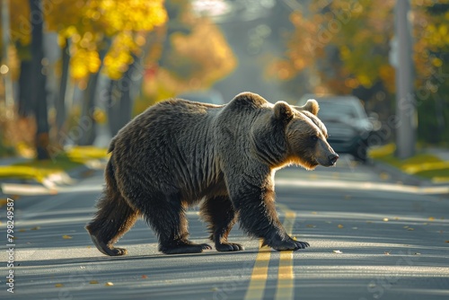 A grizzly bear on a paved road in the USA. Concept of the danger of a wild animal attack.