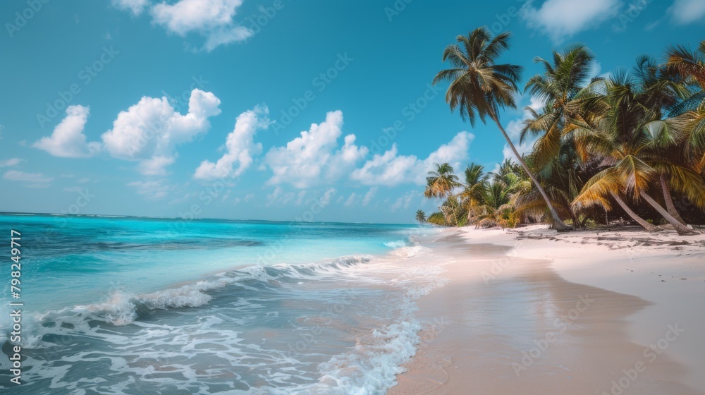 A beach with a white sand and blue water, AI